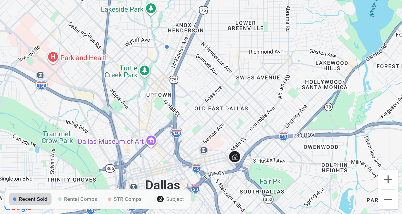 GemHaus comps map with sold, rental, and STR comparables